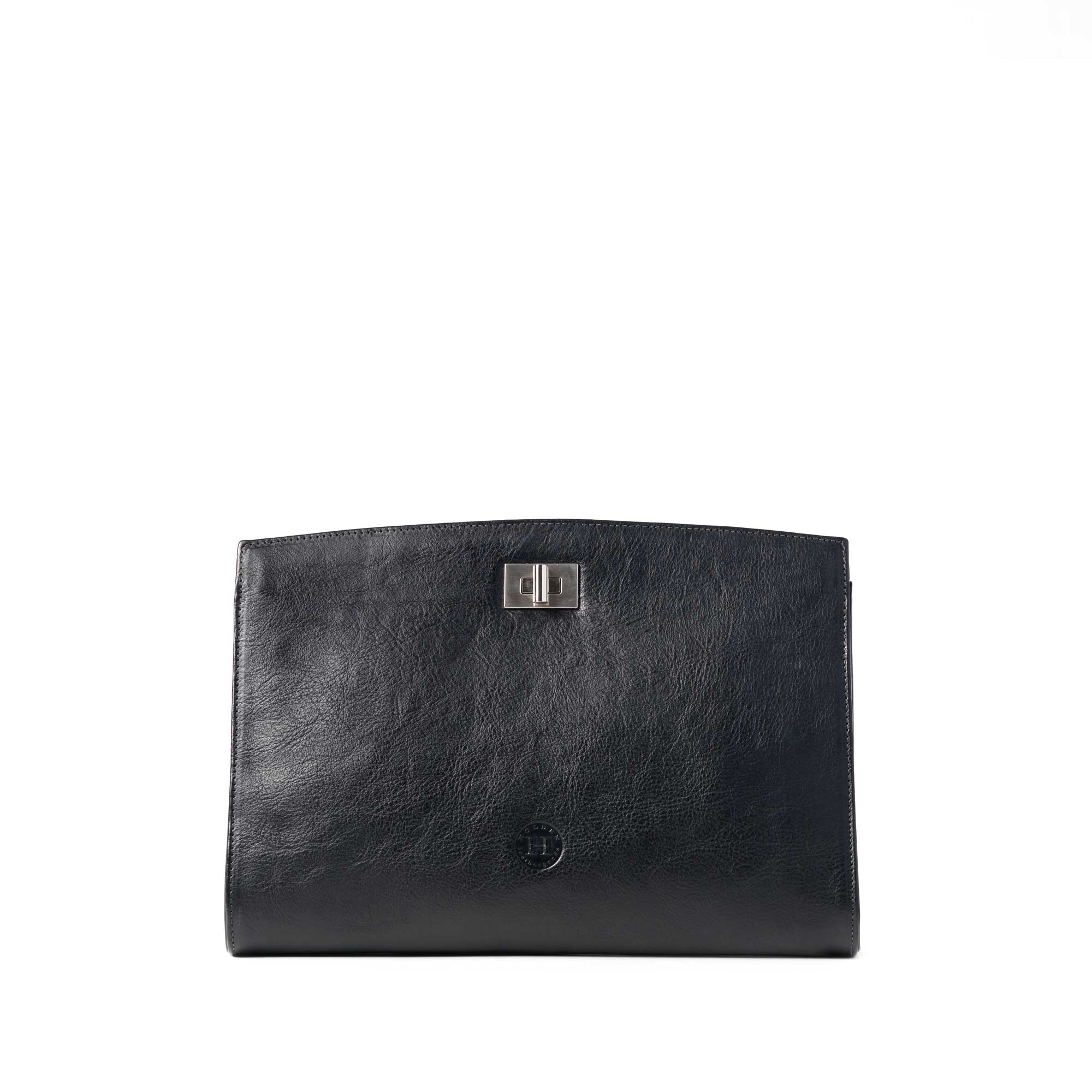 Our Emer Black leather clutch bag