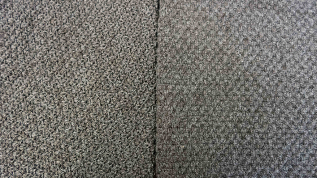 knitted wool fabric before being shrunk next to a shrunk knitted wool fabric