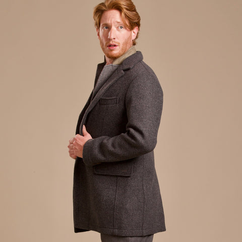 man wearing 100 percent Merino loden wool topcoat from Robert W. Stolz