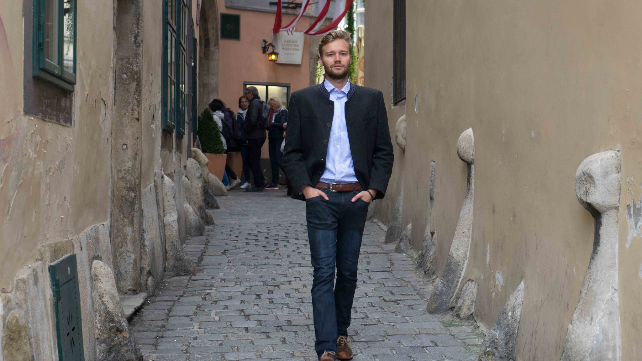 Photo Shoot in the old city of Vienna, Austria on October 8th 2016 featuring model Yannick wearing a loden jacket