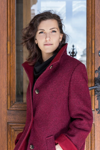 young women in alpaca wool funnel coat