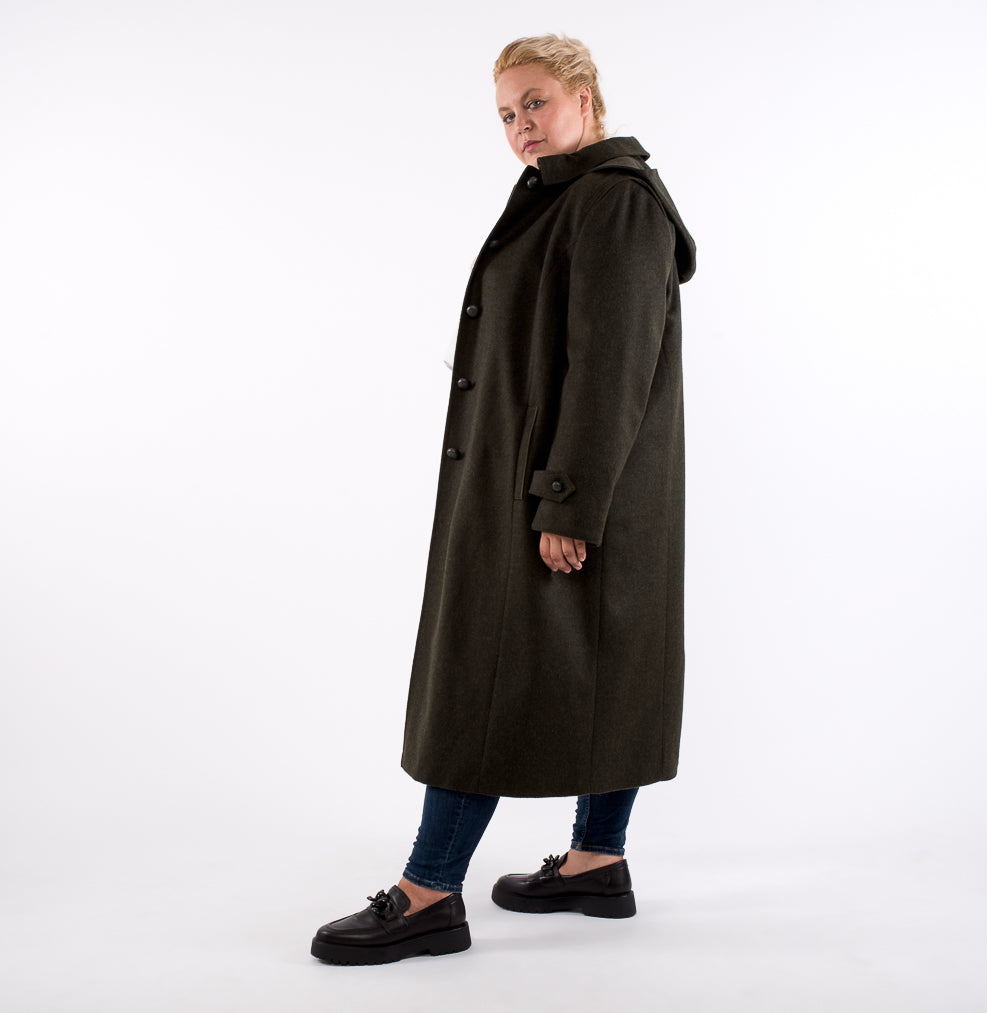 curvy women wearing traditional full length wool coat 