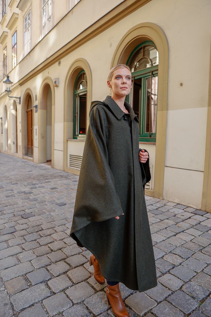 Hooded Wool Coat With Pockets, Hooded Cape, Hooded Wool Cape