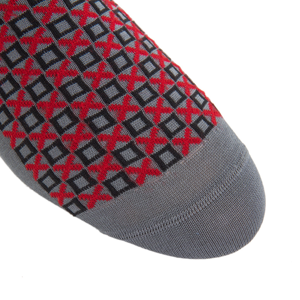 Steel Gray with Red, Black X and O Cotton Sock Linked Toe Mid-Calf