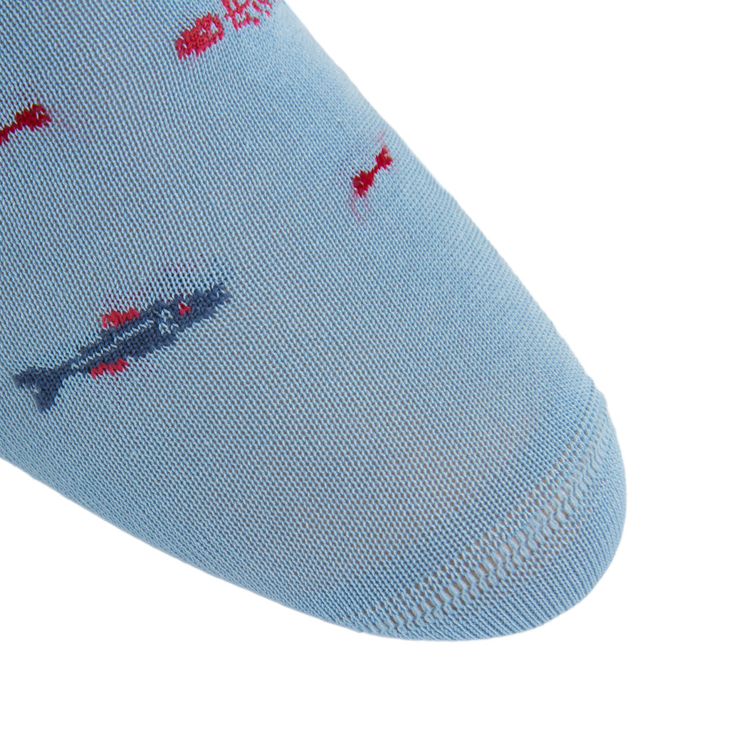 Sky Blue with Azure Blue, Coral Grass Green Bone Fish Cotton Sock Linked Toe Mid-Calf