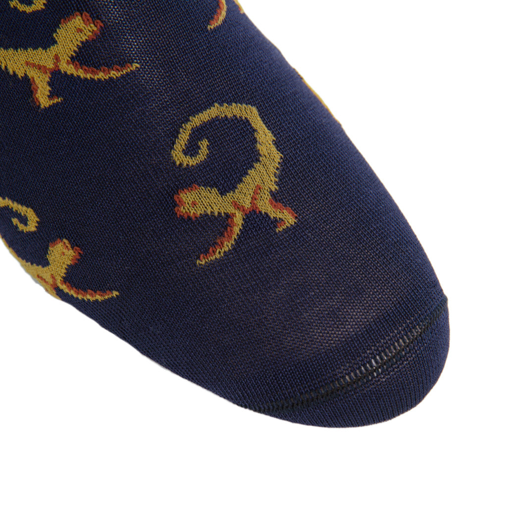 Classic Navy with Gold and Whiskey Brown Monkey Cotton Sock Linked Toe Mid-Calf