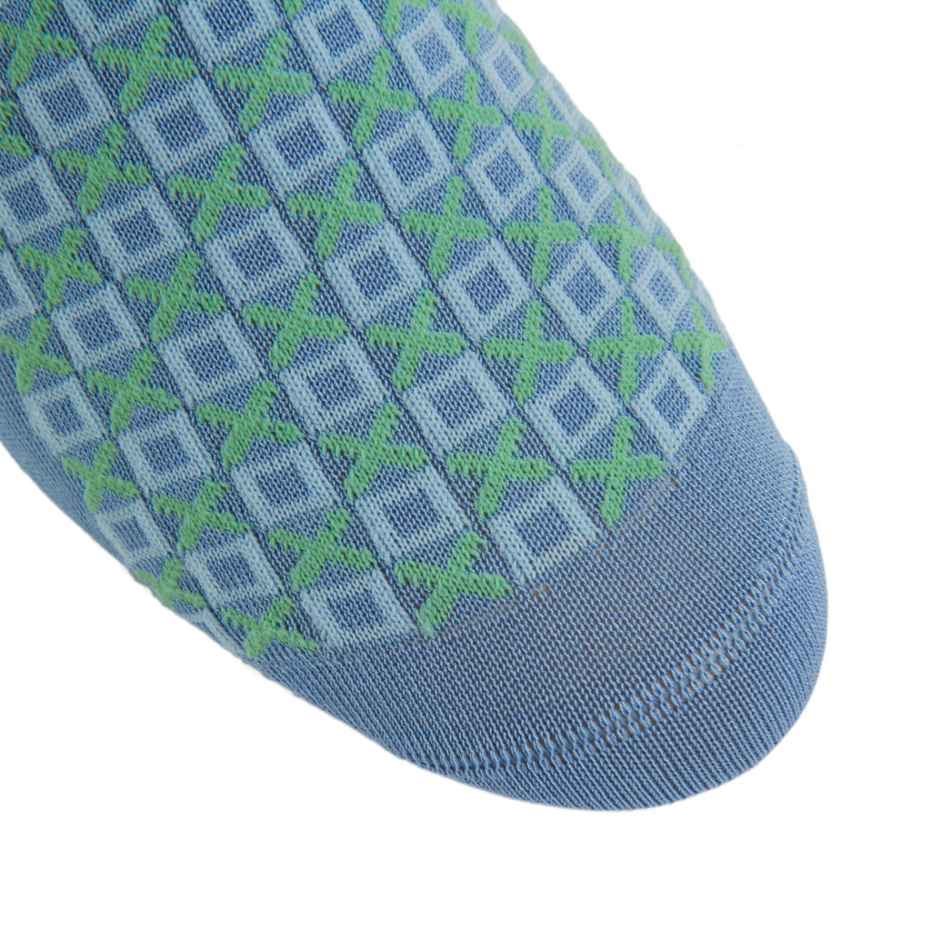 Azure Blue with Sky Blue and Green Grass X & O Cotton Sock Linked Toe OTC