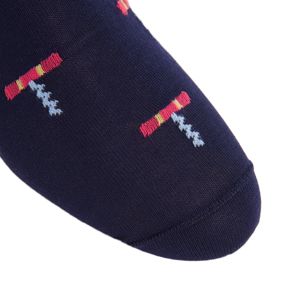 Classic Navy with Coral, Cream, Ash Corkscrew Cotton Sock Linked Toe OTC