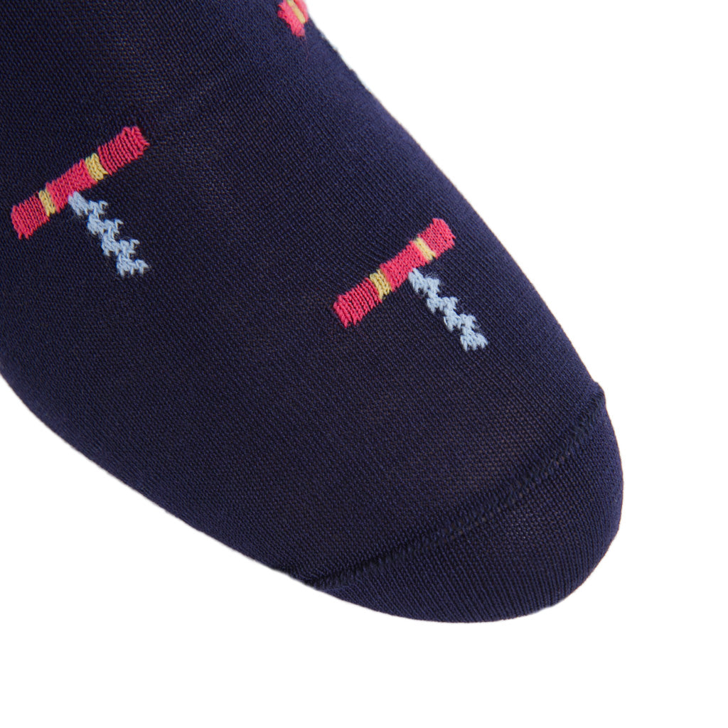 Classic Navy with Coral, Cream, Ash Corkscrew Cotton Sock Linked Toe Mid-Calf