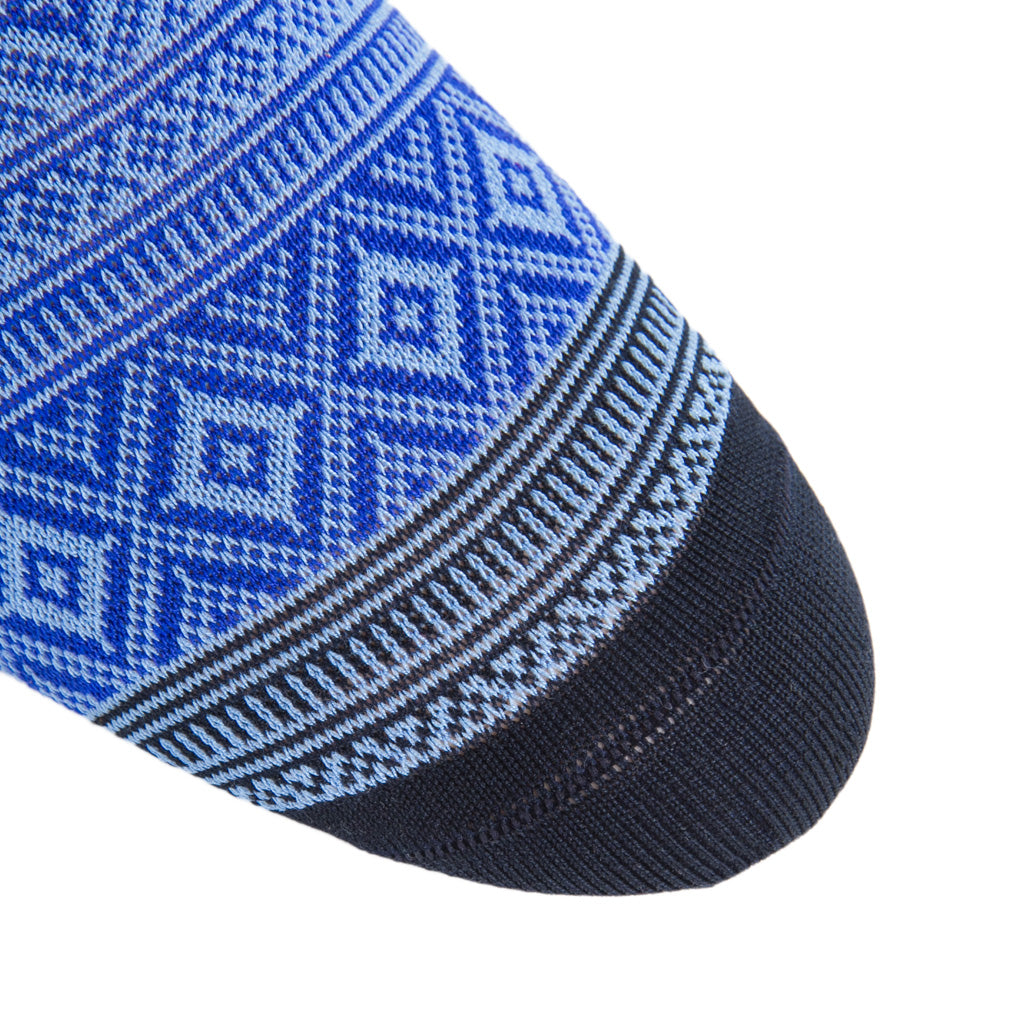 Clematis Blue with Azure Blue, Navy, Ash Jacquard Diamond Cotton Sock linked toe Mid-Calf