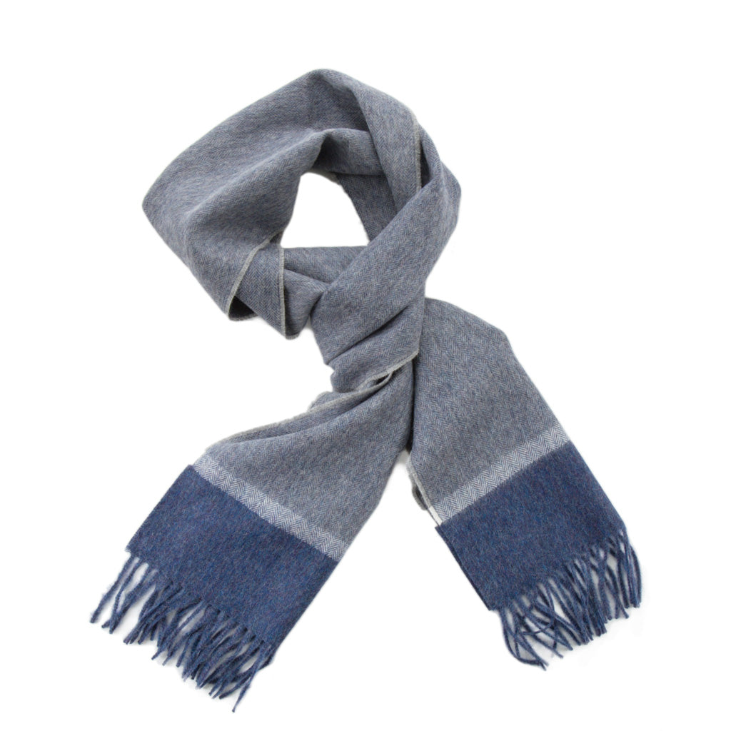 Blue Herringbone with Light Blue and Navy Border Muffler Scarf