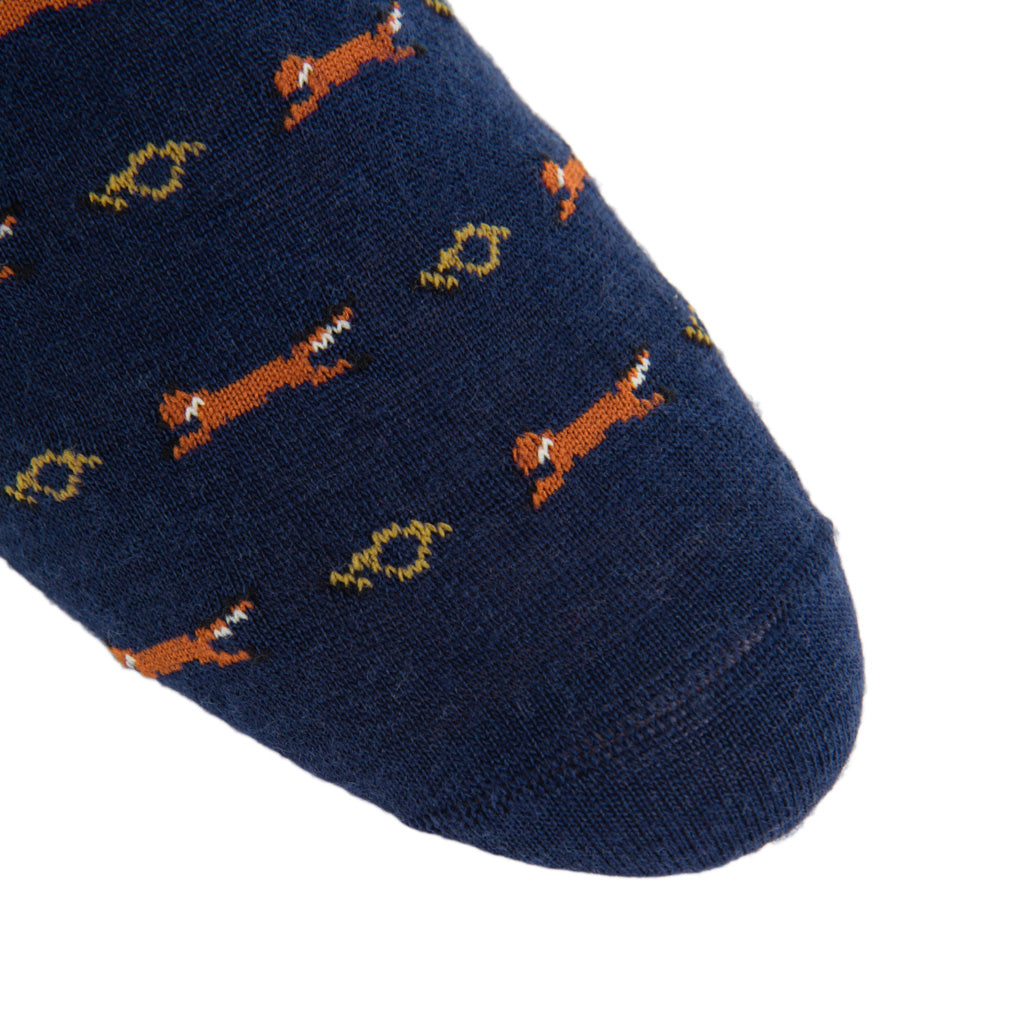 Dress Navy with Brown, Gold, and Cream Fox Wool Sock Linked Toe Mid-Calf