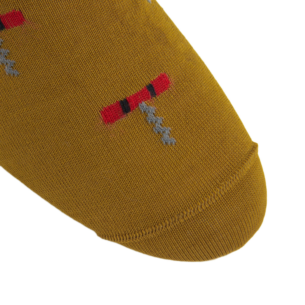 Gold with Red, Steel Gray, Classic Navy Corkscrew Cotton Sock Linked Toe Mid-Calf