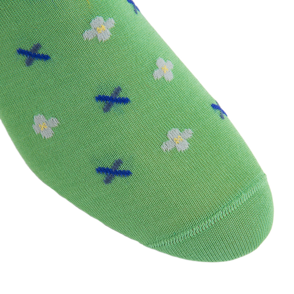 Grass Green with Indigo Blue, Clematis Blue, Pink, Yolk Flower Neat Cotton Sock Linked Toe Mid-Calf