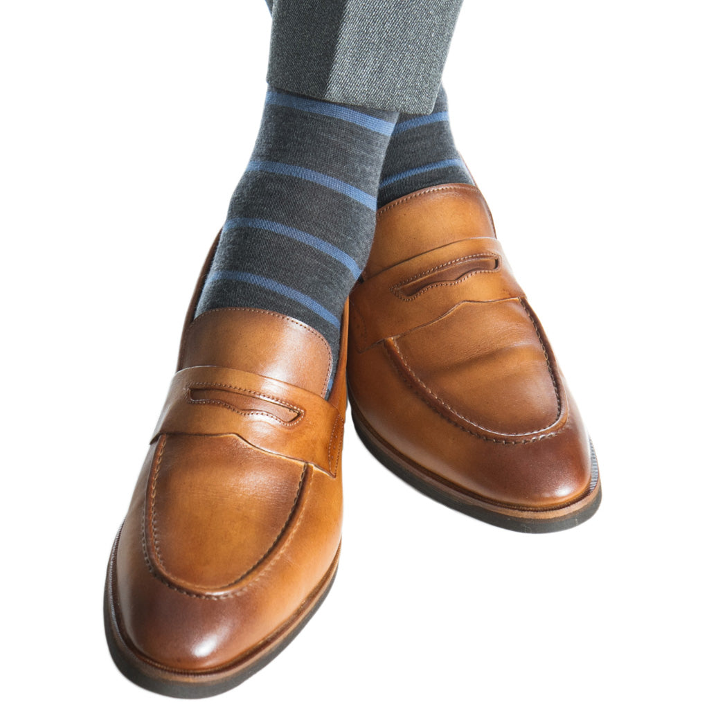 Charcoal with Bay Blue Stripe Fine Merino Wool Sock Linked Toe Mid-Cal –  Dapper Classics®