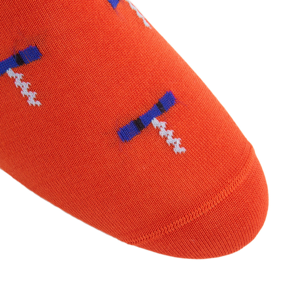 Tigerlily Orange with Clematis Blue, Yolk, Sky Blue Corkscrew Cotton Sock Linked Toe Mid-Calf