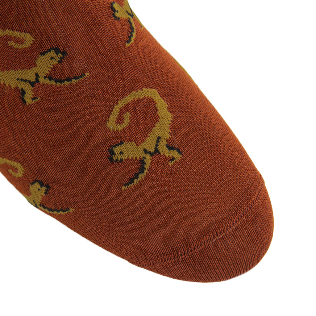 Whiskey Brown with Gold and Black Monkey Cotton Sock Linked Toe Mid-Calf