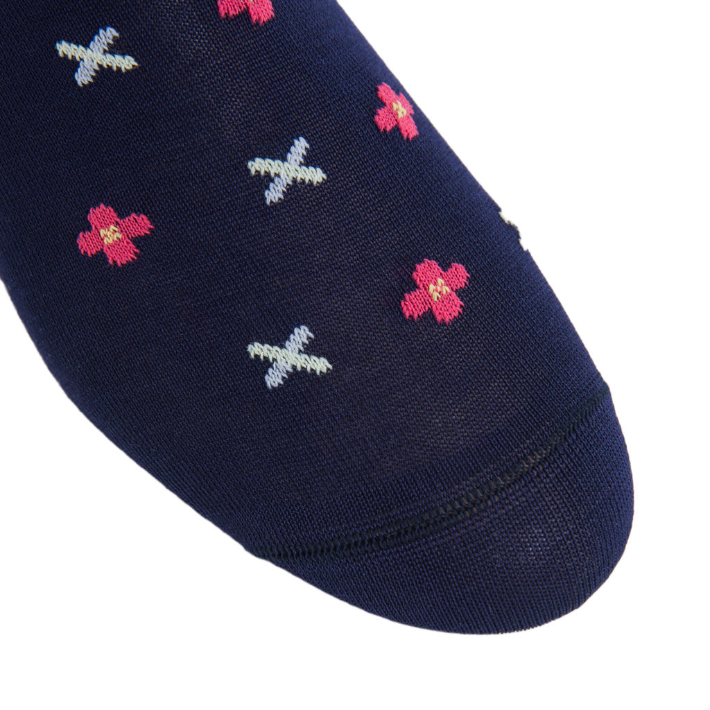 Classic Navy with Coral, Yolk, Ash, Cream Flower Neat Cotton Sock Linked Toe OTC