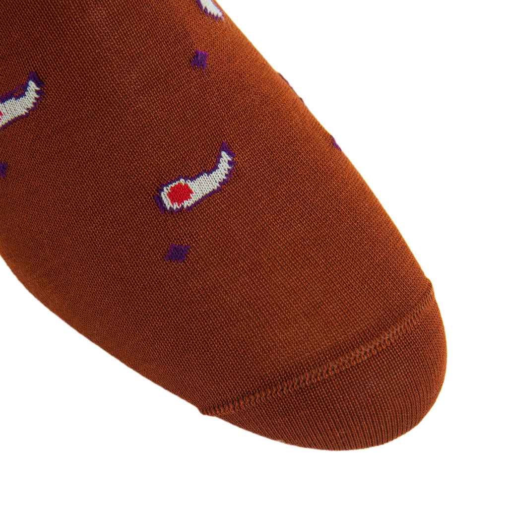 Whiskey Brown with Ash, Cl. Navy, Red and Royal Purple Paisley Cotton Sock Linked Toe Mid-Calf