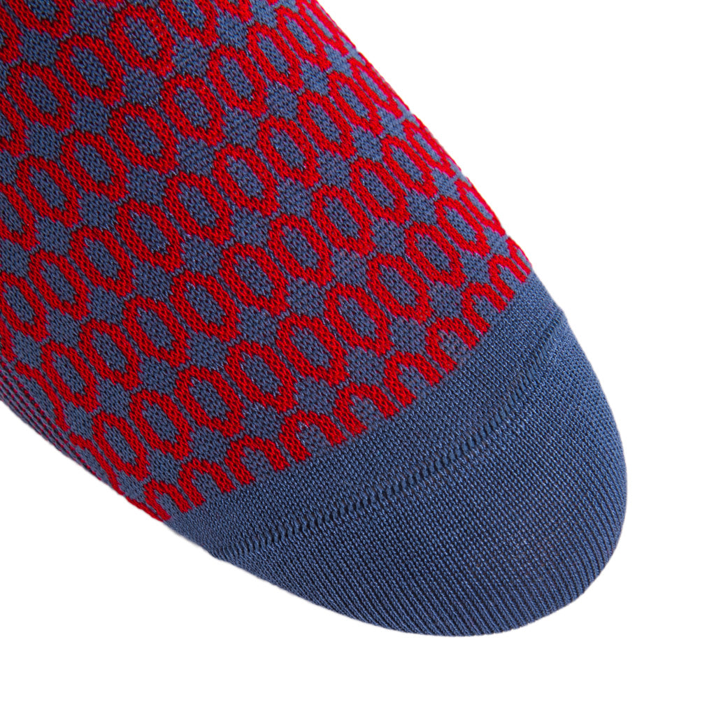 Bay Blue with Red Oval Merino Wool Sock Linked Toe Mid-Calf