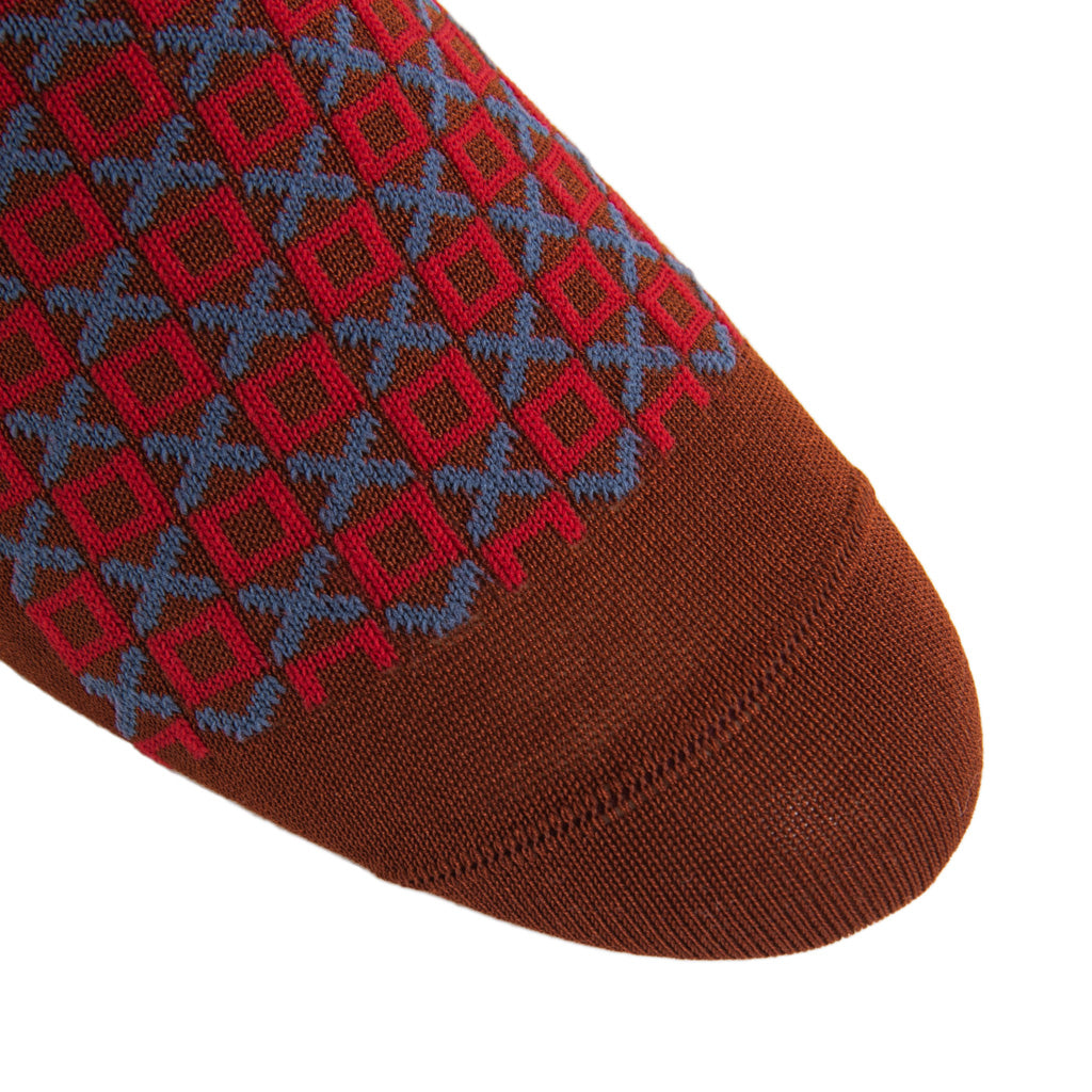 Whiskey Brown with Red, Indigo Blue X and O Sock Linked Toe Mid-Calf