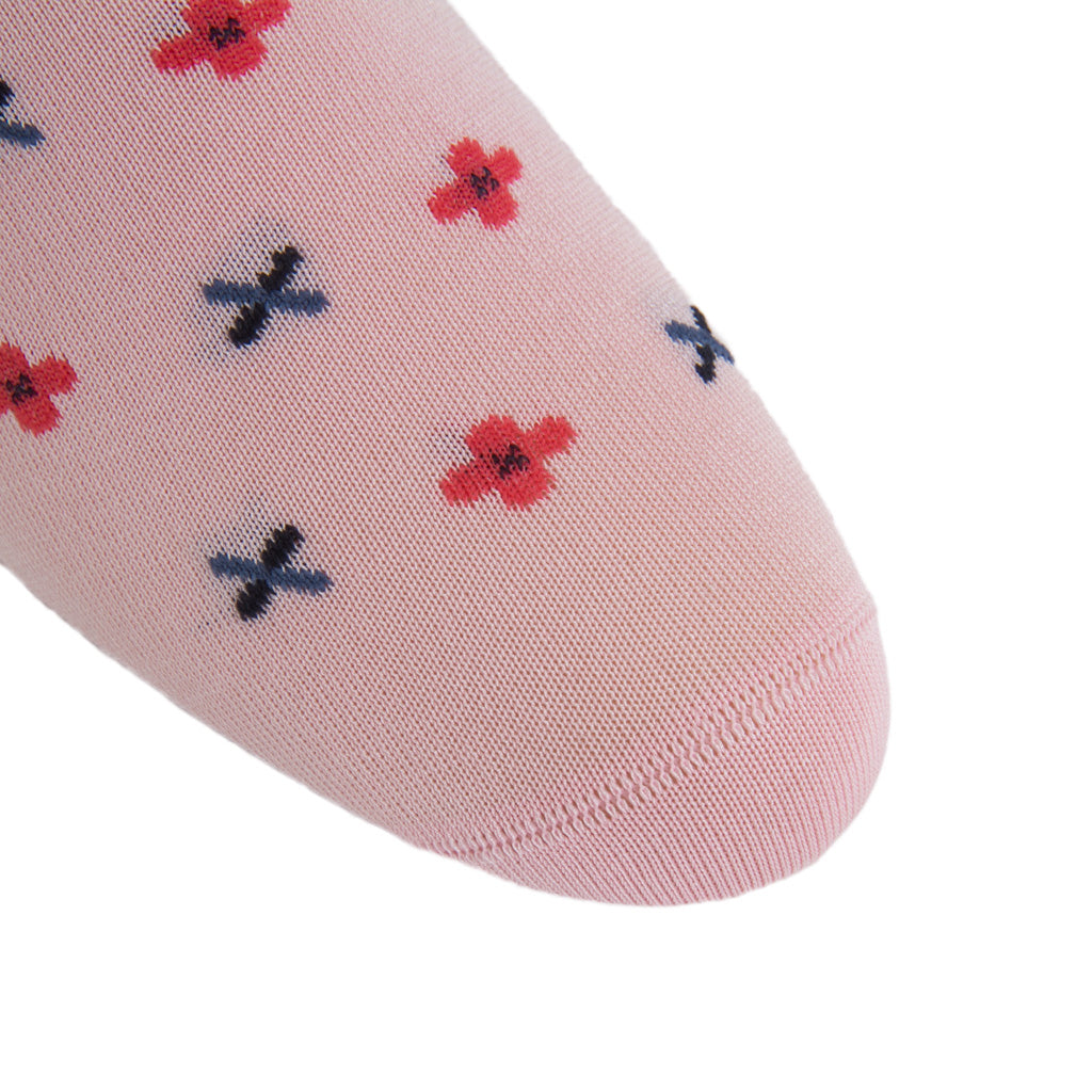 Pink with Coral, Navy, Indigo Blue Flower Neat Cotton Sock Linked Toe OTC