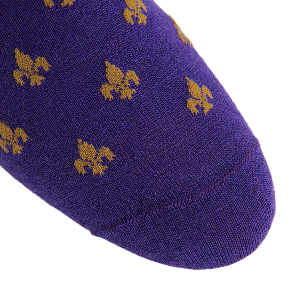 Purple and Gold Fleur de Lis Fine Merino Wool Sock Linked Toe OTC