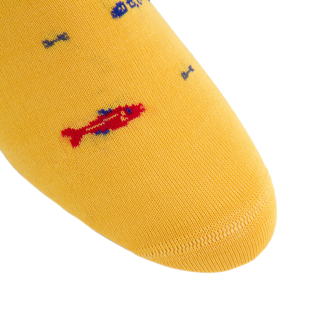 Yolk with Red, Clematis Blue, Sky Blue Bone Fish Cotton Sock Linked Toe Mid-Calf