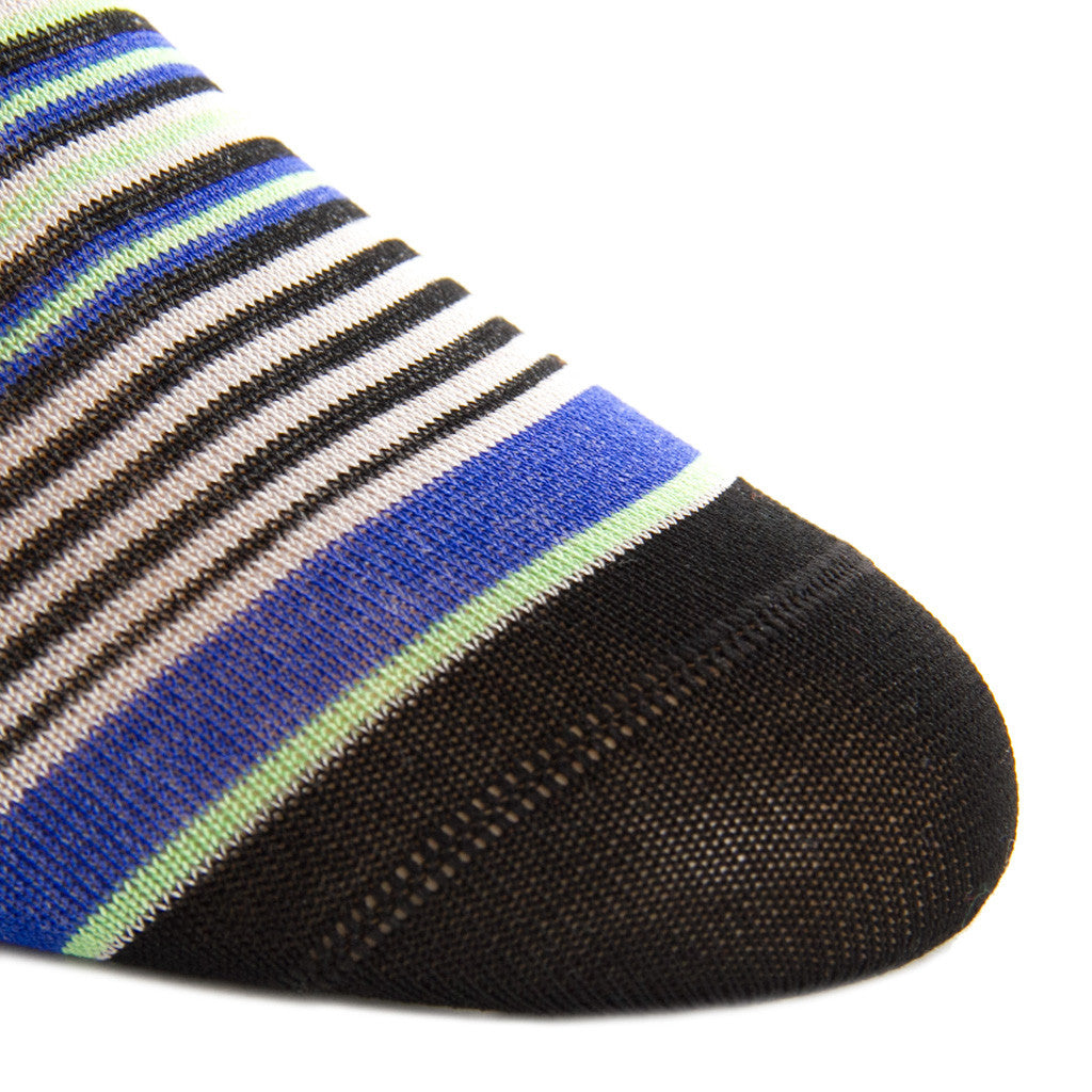 Black with Gray, Clematis Blue, and Green Mini Stripe Cotton Sock Linked Toe Mid-Calf