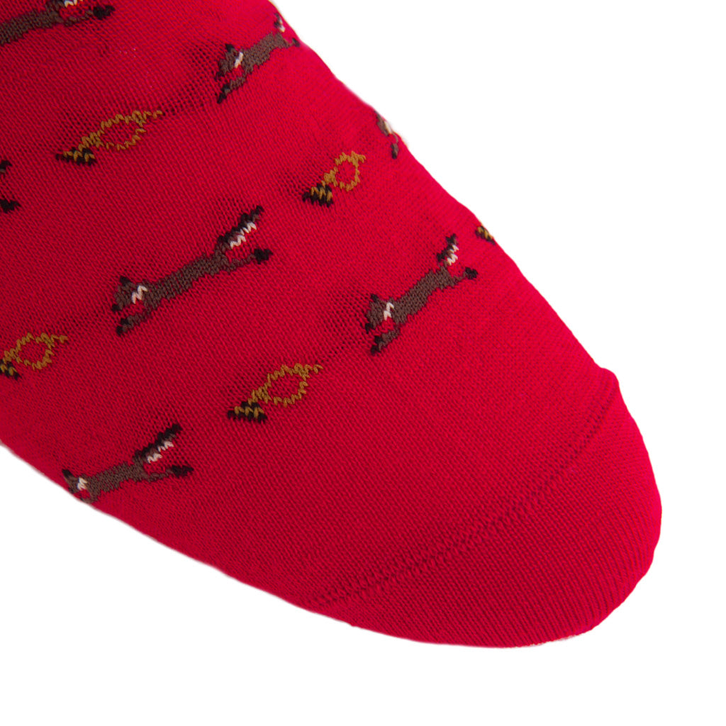 Red with Brown, Gold, and Cream Fox Wool Sock Linked Toe Mid-Calf