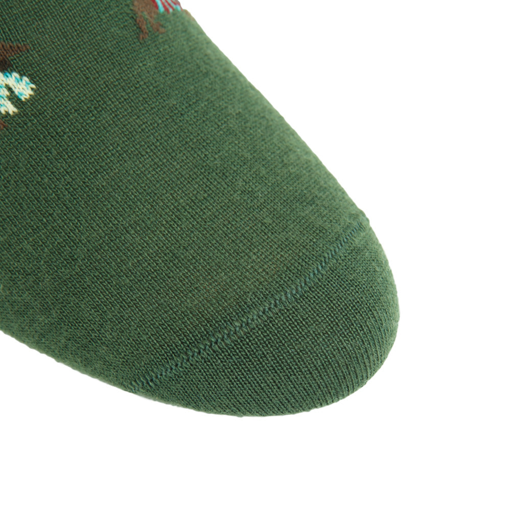 Pine Green with Taupe and Red Scarf Dachshund Fine Merino Wool Sock Mid-Calf