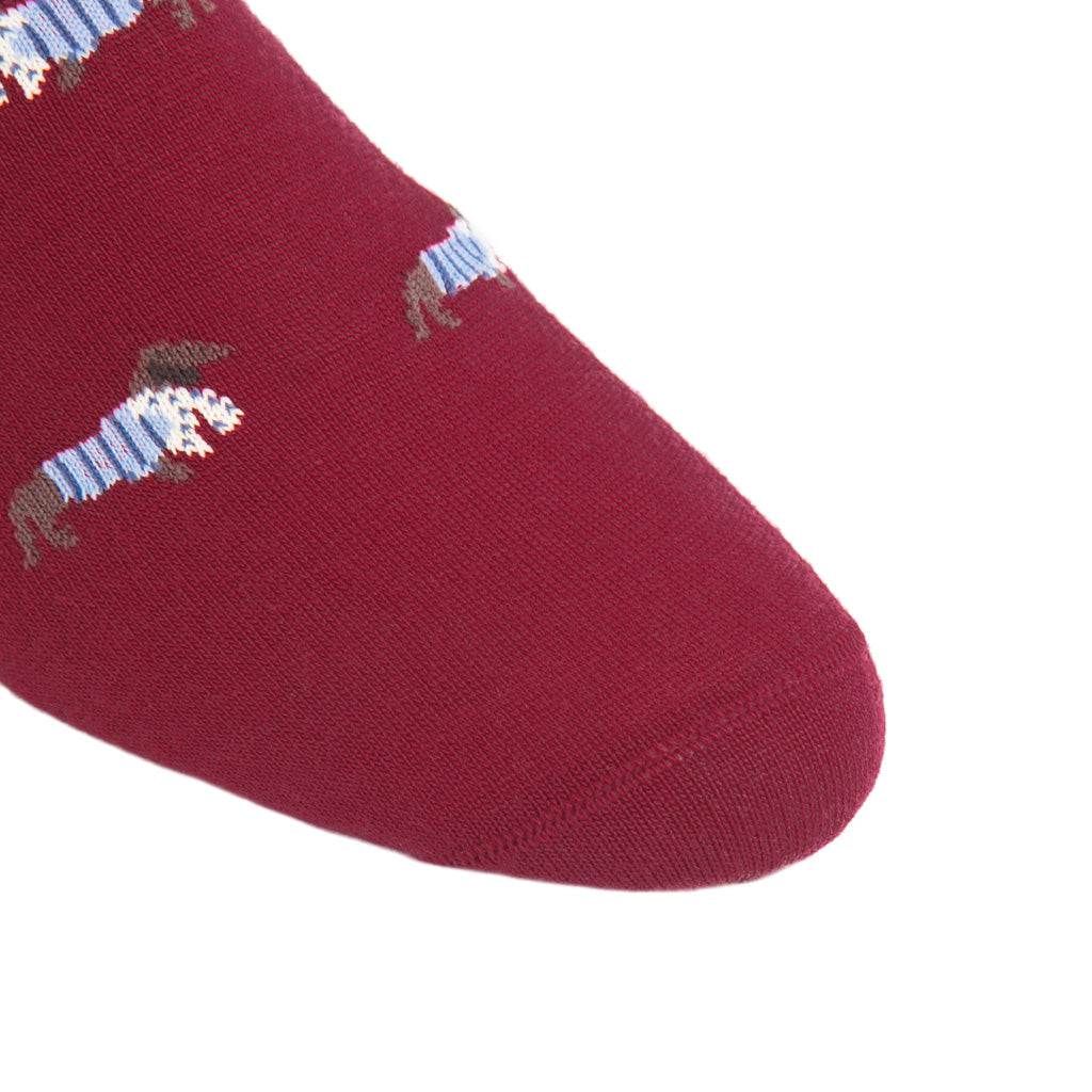 Burgundy with Taupe and Indigo Blue Dachshund with Scarf Fine Merino Wool Sock Linked Toe  Mid-Calf