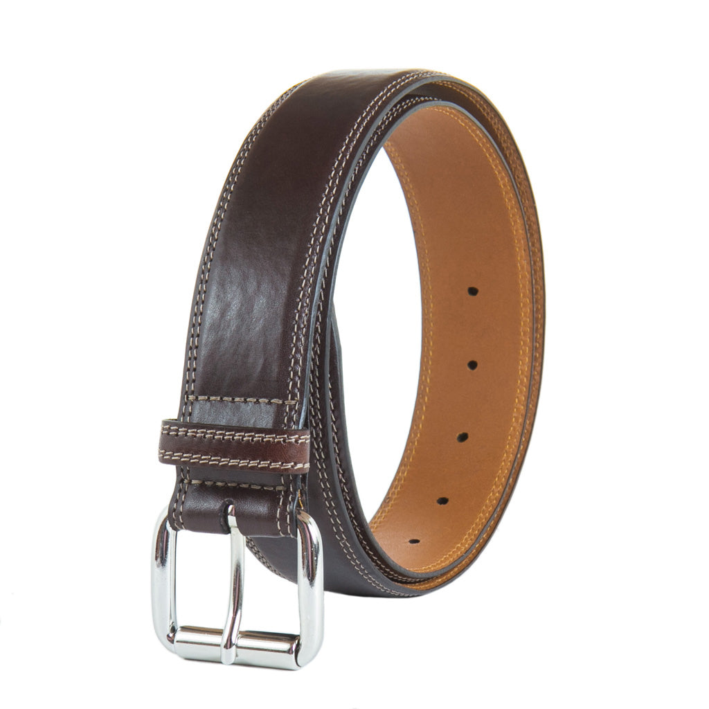Cognac Italian Leather Belt With Nickel Roller Buckle