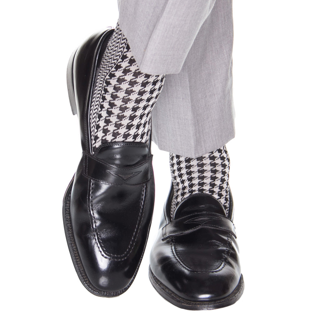 Mens formal dress socks with black and grey houndstooth pattern