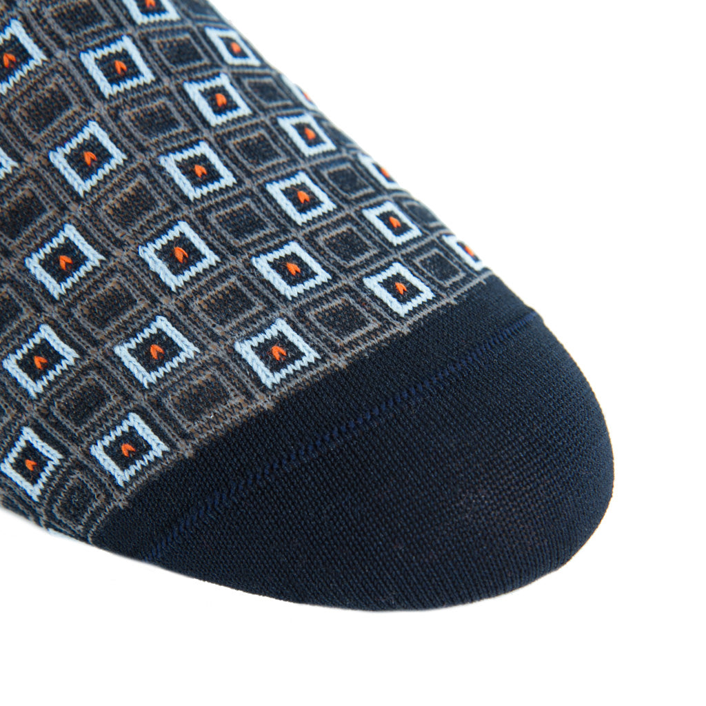 Classic Navy, Steel Gray, Sky Blue and Tigerlily Orange Grid Cotton Sock Linked Toe Mid-Calf