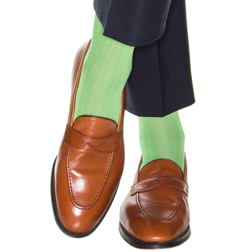 Green Solid Ribbed Cotton Sock Linked Toe Mid-Calf