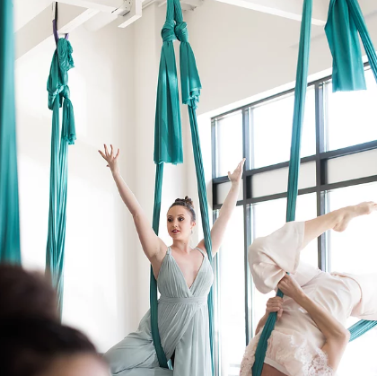 Aerial Yoga Bachelorette Party Bride in Blue Hammock