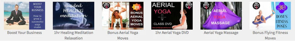 Six aerial yoga teaching course covers. They inclue: “Boost Your Business”, “1hr Healing Meditation Relaxation”, “Bonus Aerial Yoga Moves”, “1hr Aerial Yoga DVD”, “Aerial Yoga Massage”, and “Bonus Flying Fitness Moves”