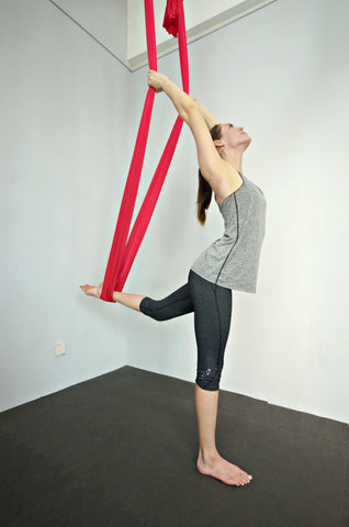 Elaine on Red Yoga Hammock Standing Backbend