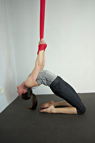 Elaine on Red Yoga Hammock Hero Backbend