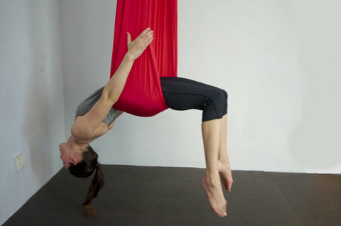 Elaine on Red Yoga Hammock Wheel Pose