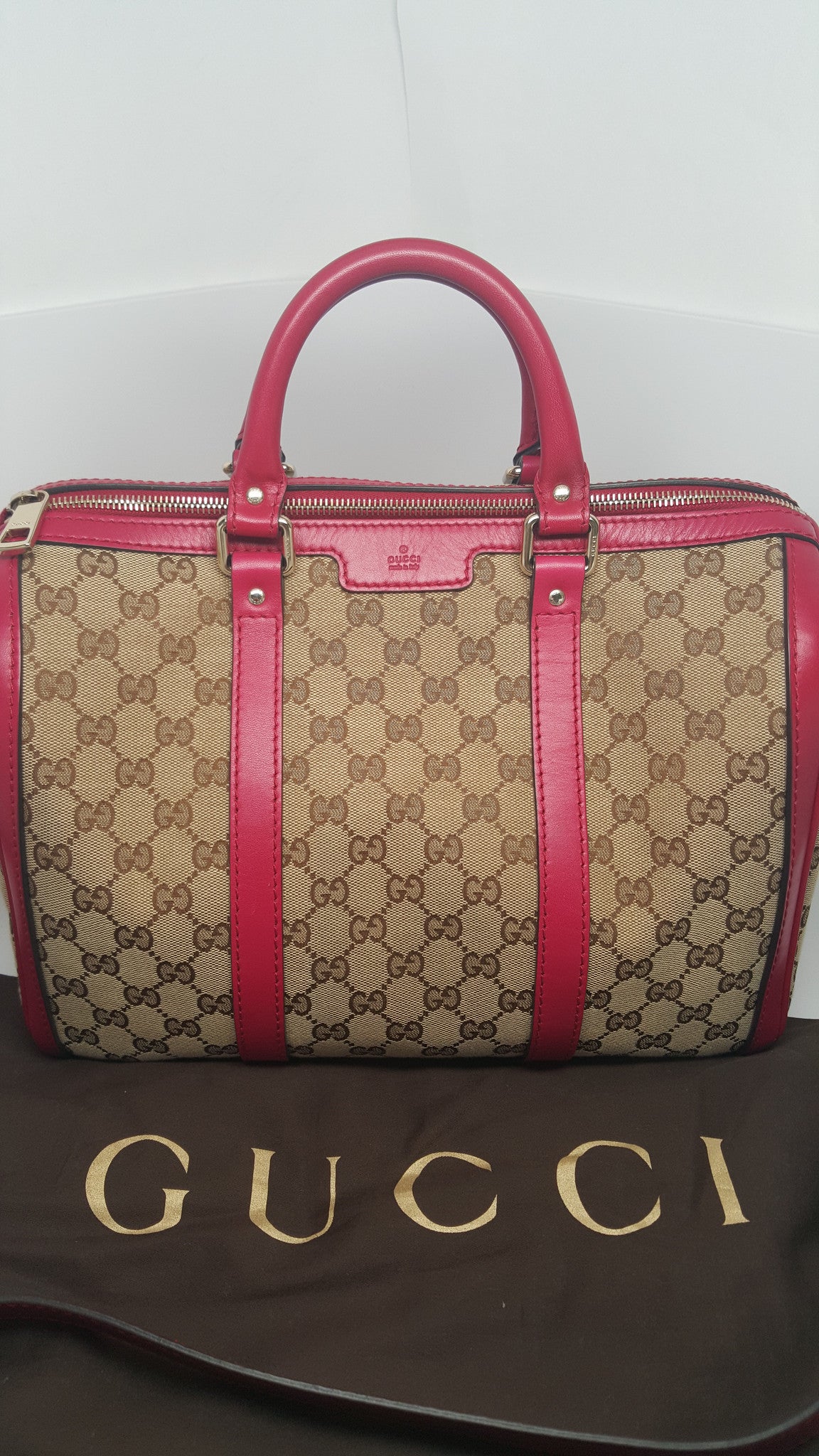 GUCCI PINK LEATHER GG CANVAS BOSTON BAG – Hebster Boutique