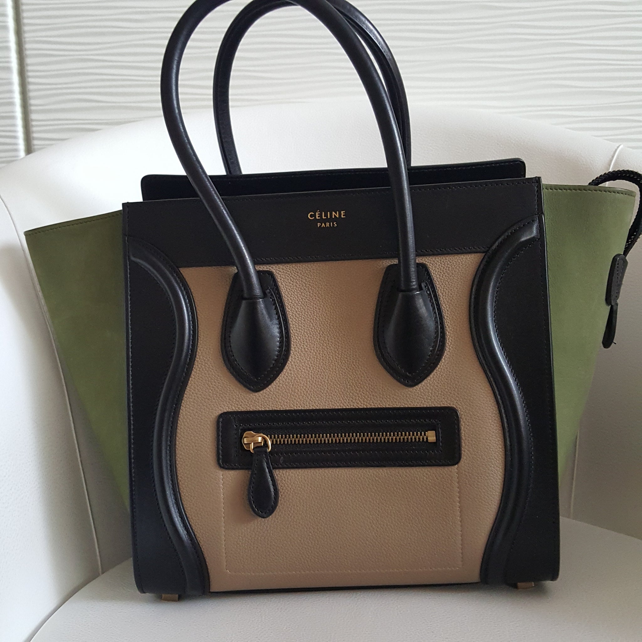 CELINE TAUPE/BLACK/OLIVE GREEN MICRO LUGGAGE TOTE BAG - SMALL – Hebster ...