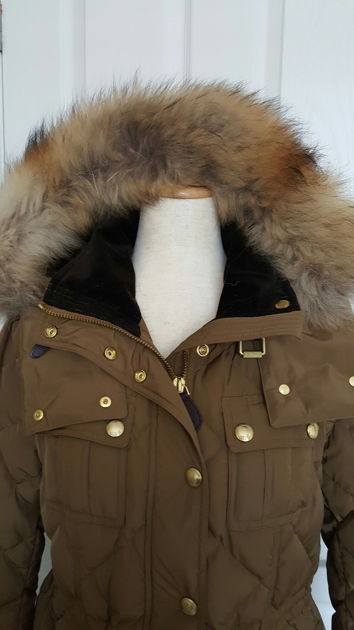 BURBERRY BRIT OLIVE GREEN DOWN JACKET WITH FUR TRIM COLLAR - SIZE LARG –  Hebster Boutique