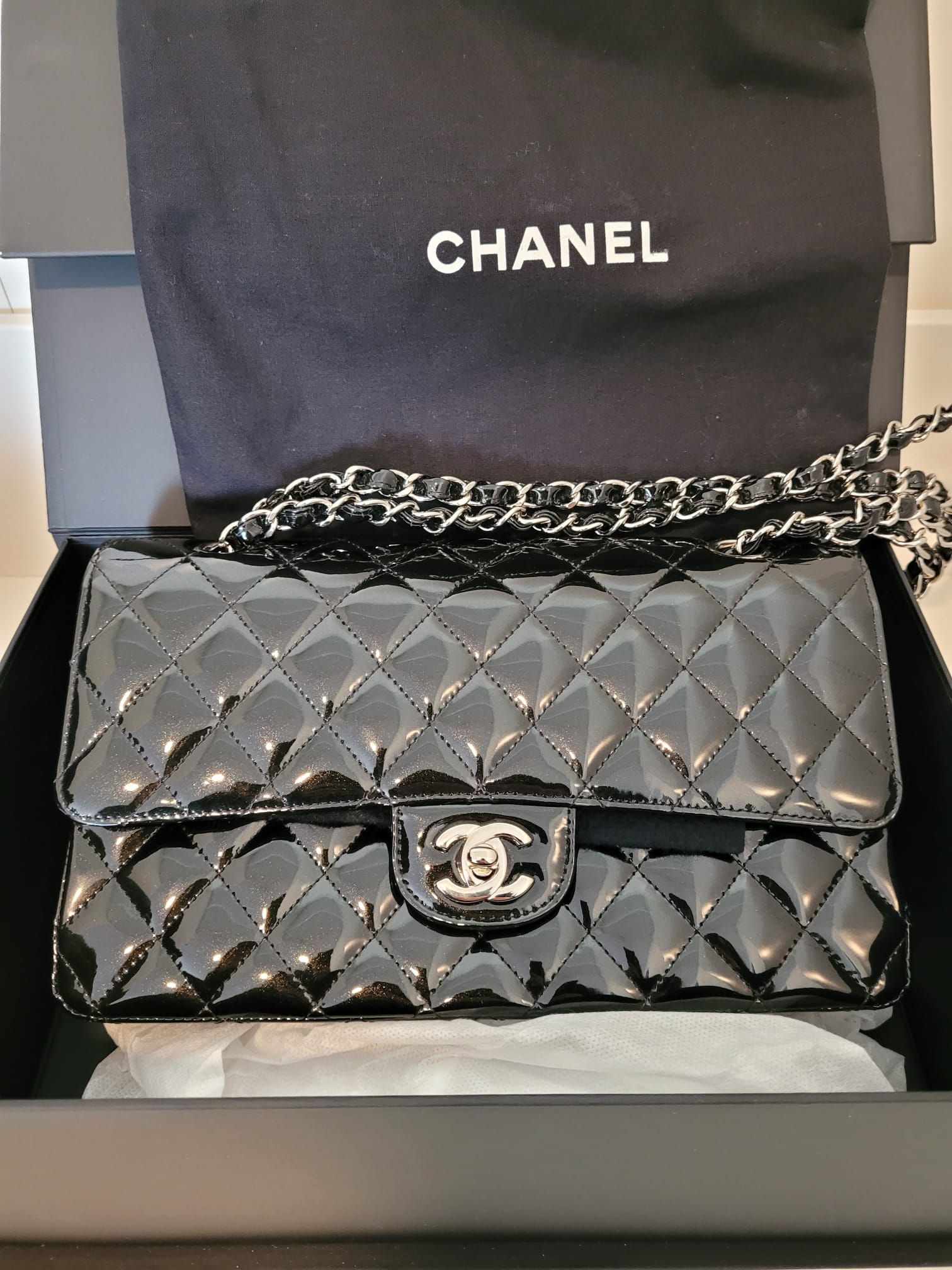Chanel Medium Classic Double Flap Bag Black Patent Leather Silver Hardware