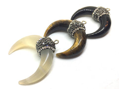 Crescent Shape Pendant, Gold Horn Pendant, Rhinestone pendant, pendant necklace, long necklace, tigers eye black bone, horn pendant necklace
