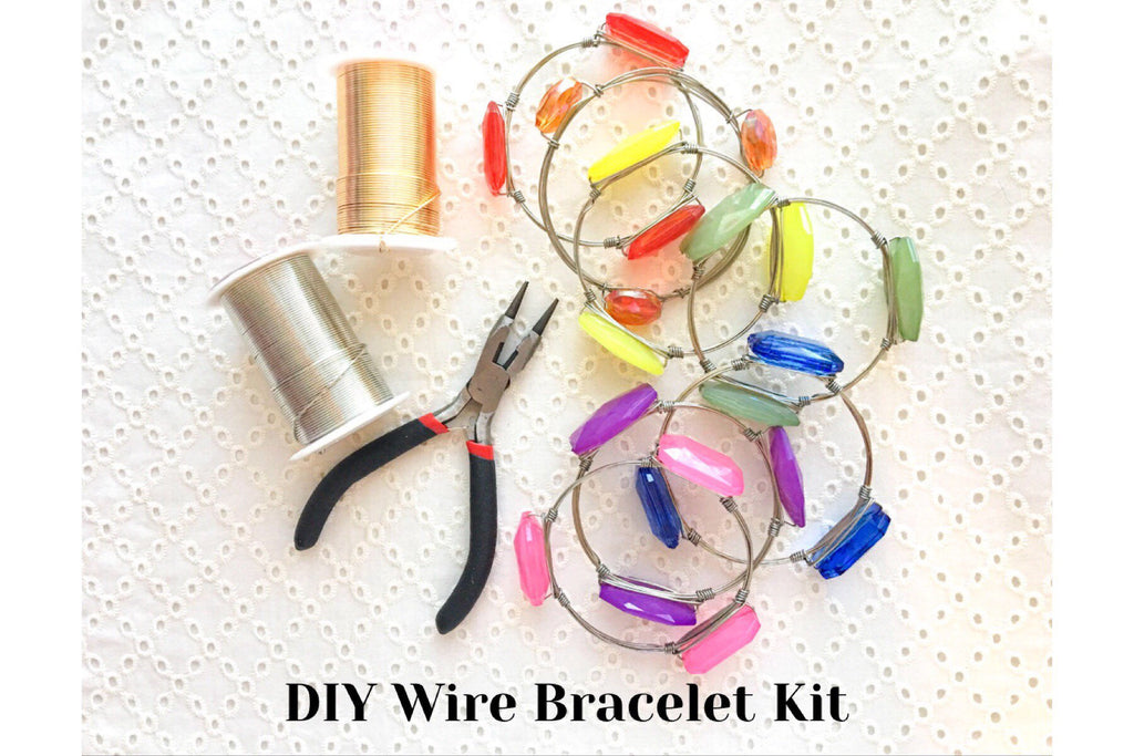 DIY wire bracelet kit, makes TEN bracelets kids craft kits, pliers wire 30 stones beads, make your own jewelry complete set Sale Closeout