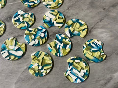 Blue Green & White Mosaic Beads, circle cutout acrylic 36mm Earring Necklace pendant bead one hole top, yellow gold acrylic circular