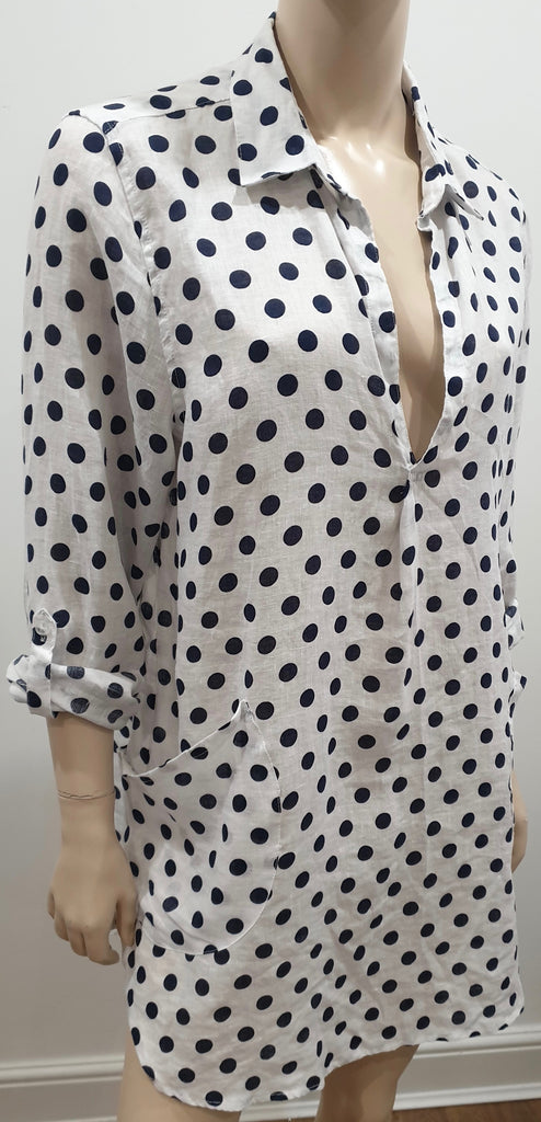 FORCYNTHIA BEACHWEAR White Linen Black Polka Dot Cover Up Beach Shirt Dress XL