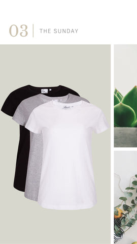 The Sunday t-shirt, three colours, black, grey and white, essential wardrobe items